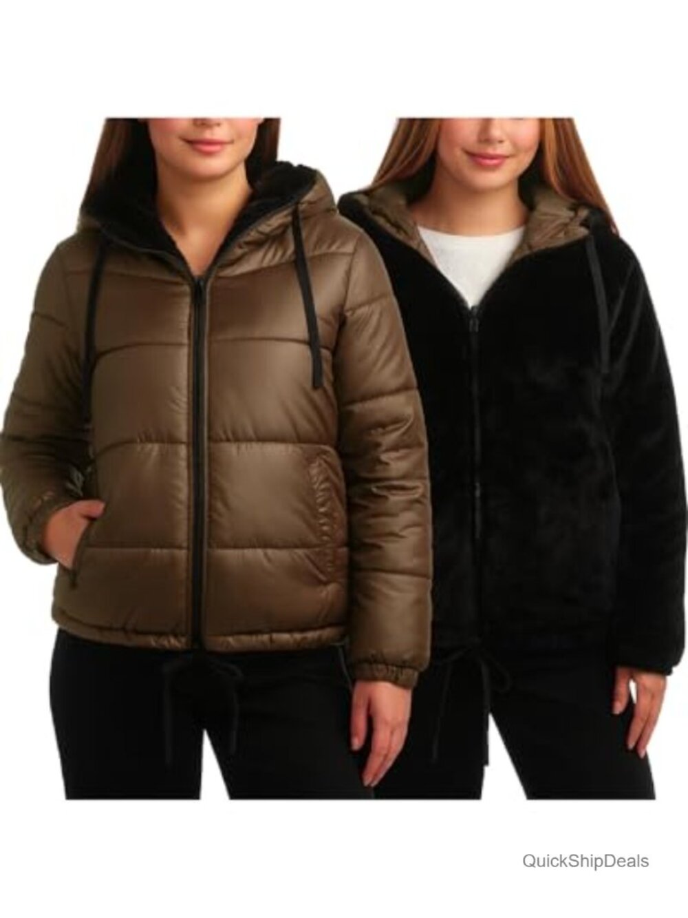 Reversible Quilted Puffer Parka with Faux Fur Lined Hood